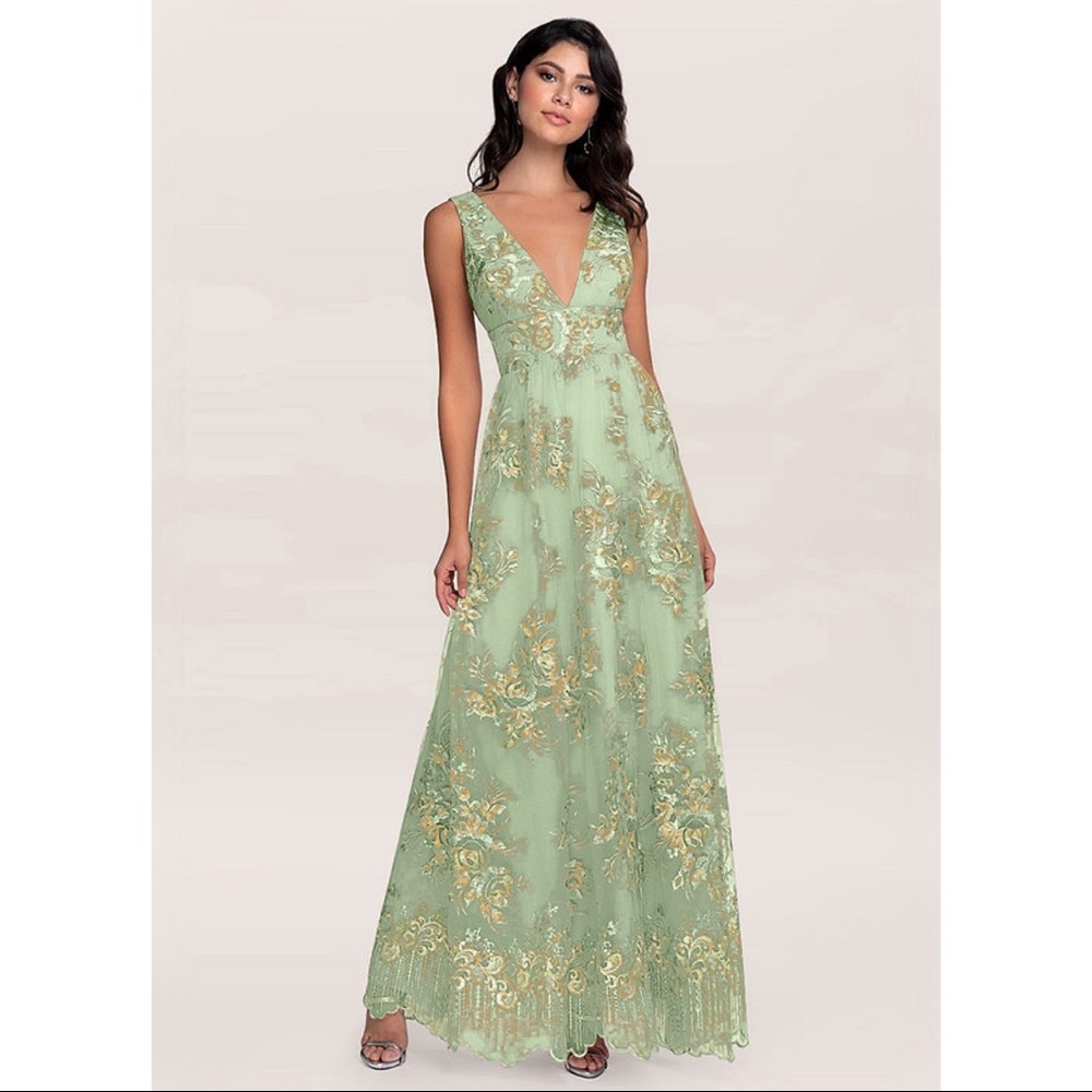AZAZIE Blush Mark Romantic Adventure Dusty Sage Embroidery Tulle Maxi Dress